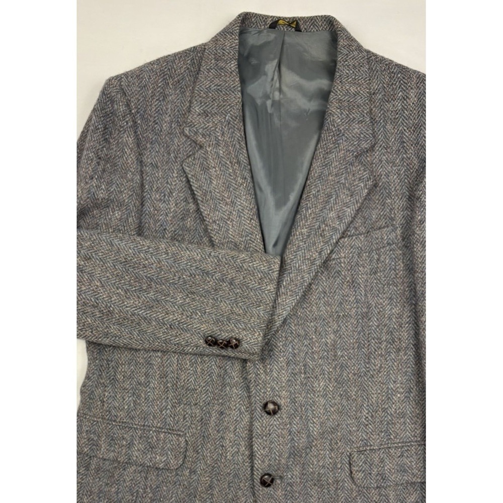 *VTG Harris Tweed Gray/Blue/Salmon Pink Houndstooth 100% Wool Sport Coat 42R USA